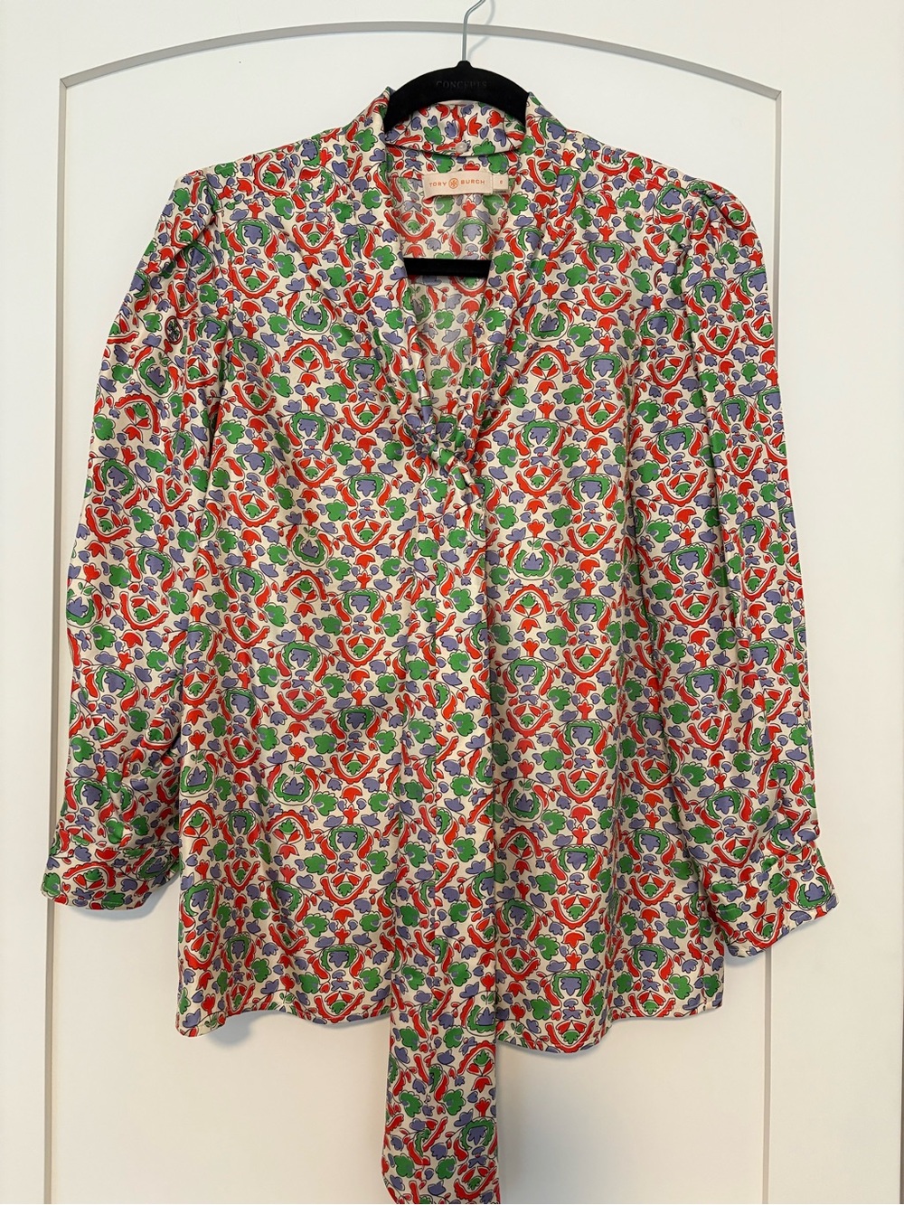 Tory Burch Silk Tie-Neck Blouse in Red, Green & Purple - Women Tops